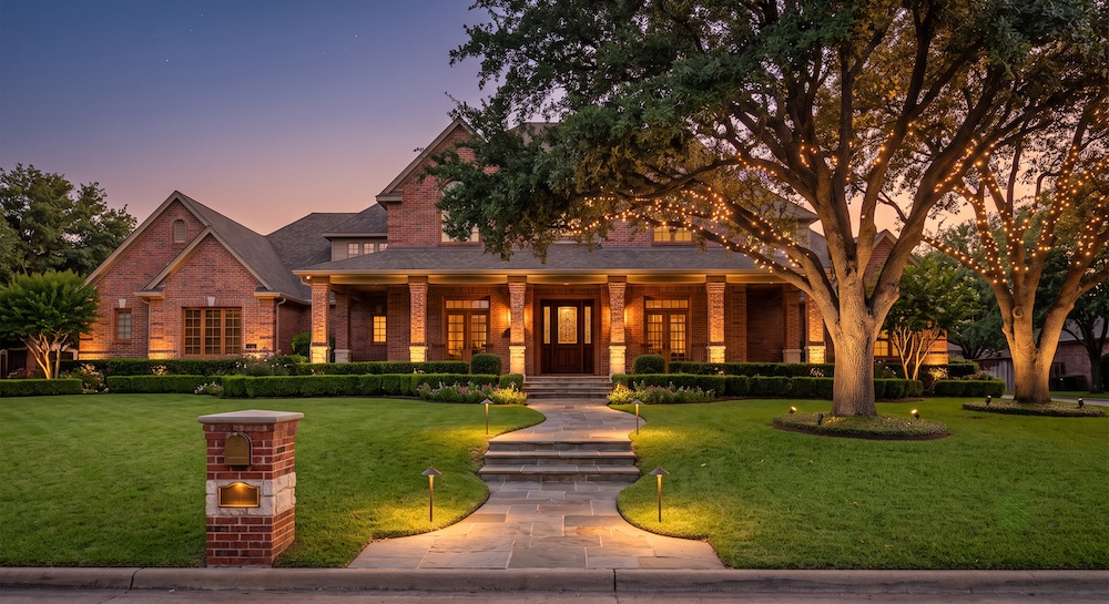 a home with outdoor lighting by its front walkway