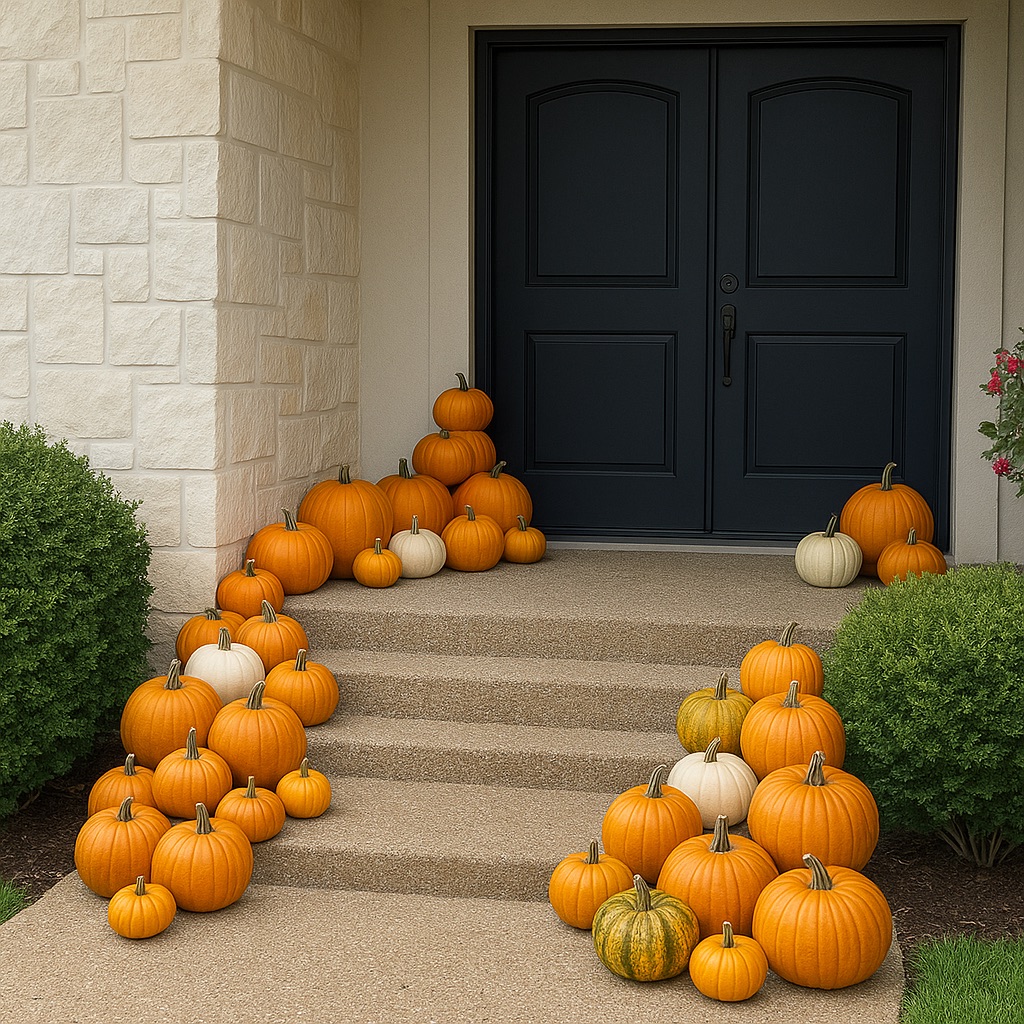 pumpkins on the steps of a front porch