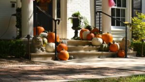 decorative pumpkins on a front porch