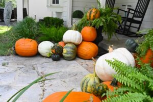Decorative pumpkins on a front porch