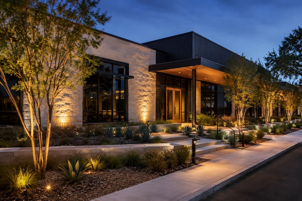 A commercial building without outdoor lighting features