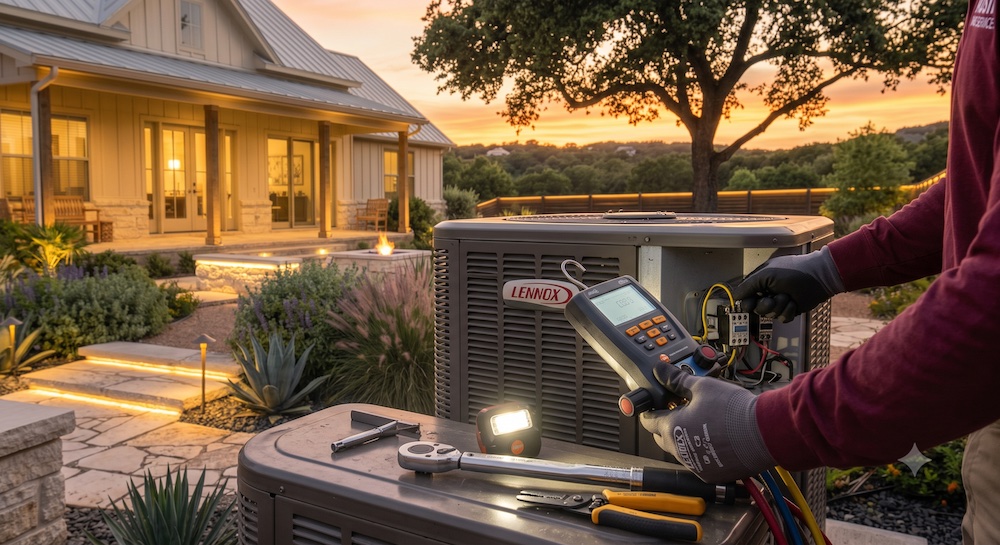 A Lennox ac unit being worked on outside of a home
