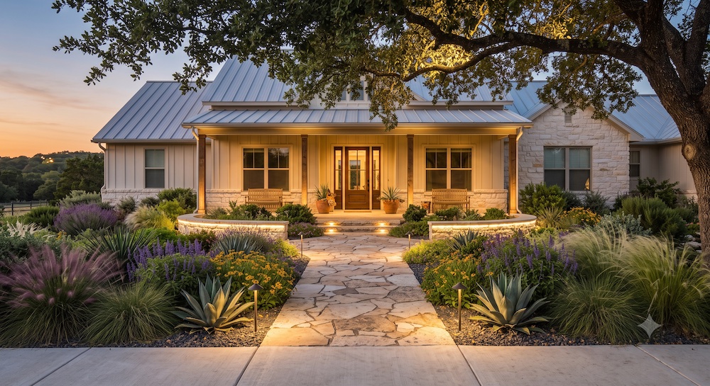 A front walk of a home at dusk with a lit sidewalk and plants