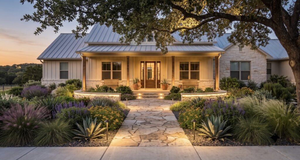 The front walk of a home with outdoor lighting and landscaping at dusk
