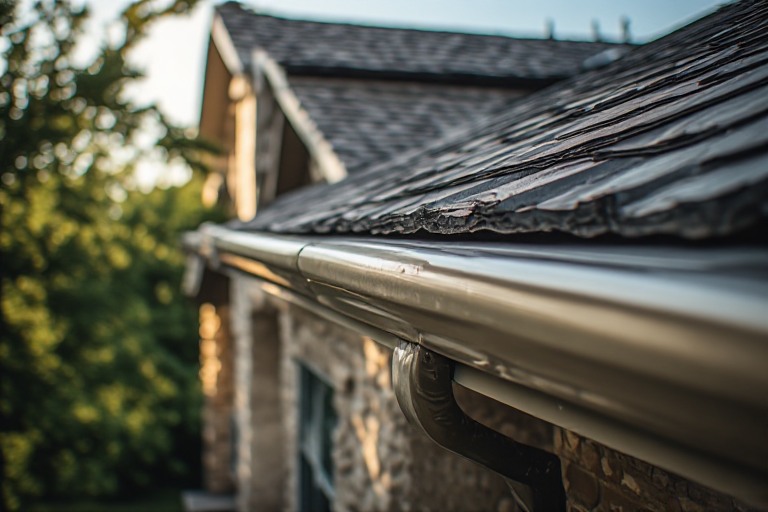 Close-up of a roof and gutter system