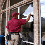 a specialist cleaning a homeowner’s windows