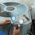 Pressure gauges testing an ac condenser unit