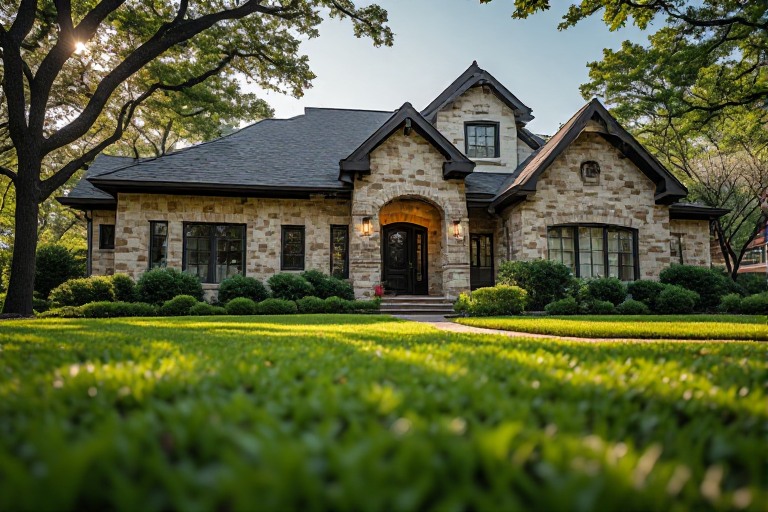 A large green lawn in the front of a home