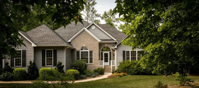 a gray home with brick