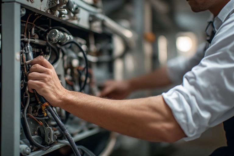 Close-up of a service technician in a white shirt working on the inside of a furnace