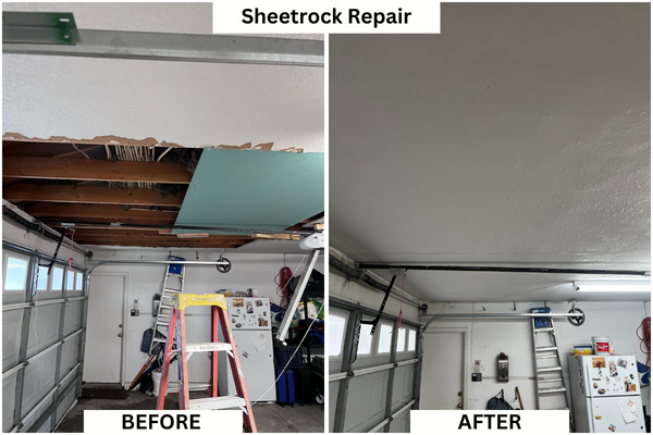 A before and after image of sheetrock repair on a garage ceiling.