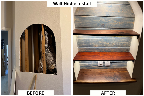 A before and after picture of the installation of a wall niche with shelves.