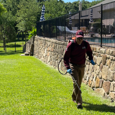 a lawn service professional working on a lawn