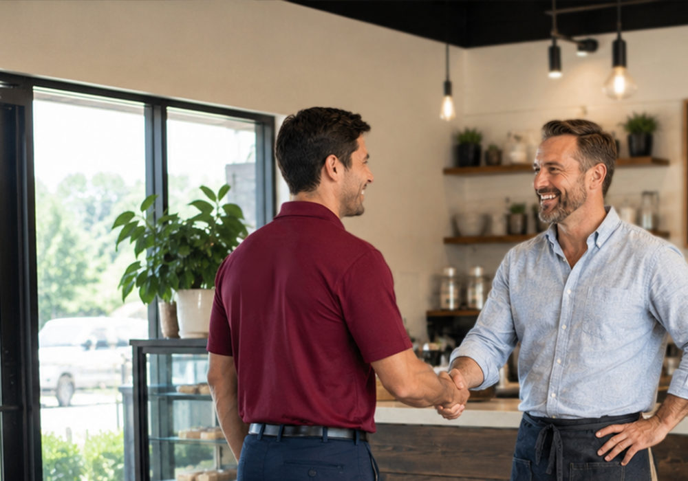 Business owner shaking hands with ABC salesperson dressed in maroon shirt, inside a cafe.