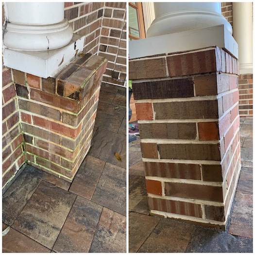 side-by-side before and after comparison of two brick pillars. The picture depicting before ABC specialist have cleaned is stained and dirty. In the after image, the stains and dirt are gone.