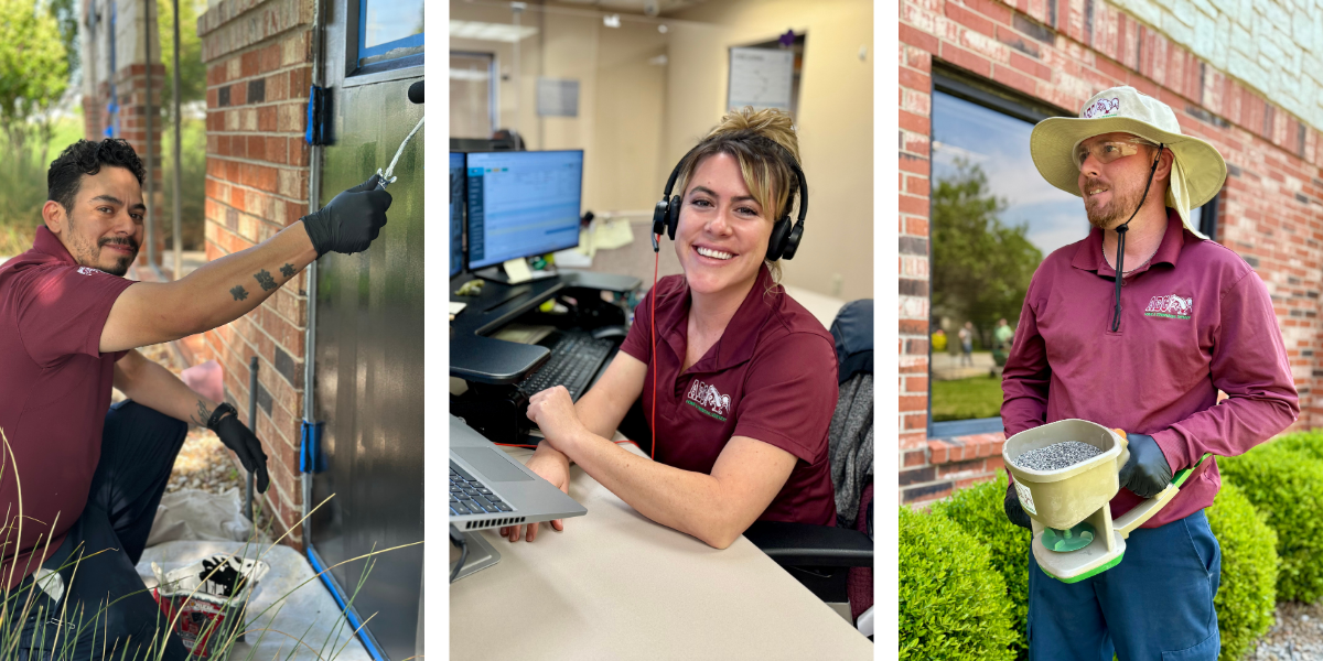 Smiling handyman, customer support representative, and lawn care technician in ABC-branded shirts.