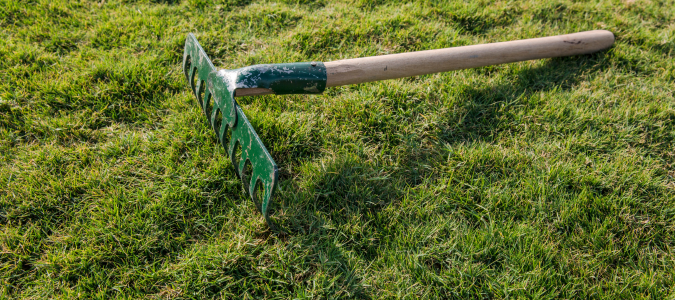 a rake on a lawn