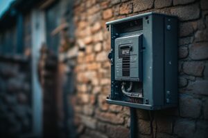 a breaker box attached to the wall of a brick home