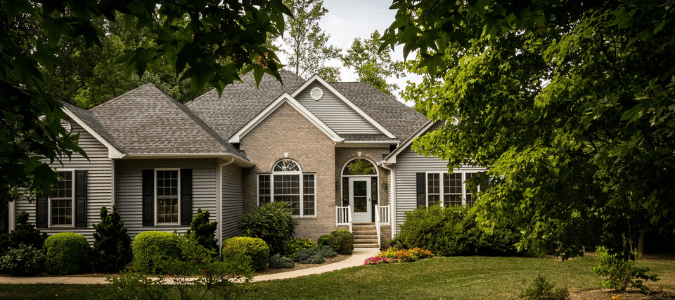 a home with lots of big trees in the front yard which could mean the homeowner should pressure wash their house more often