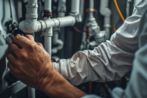 close-up of hands working on plumbing pipes