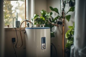 A small water heater, near a window with plants nearby