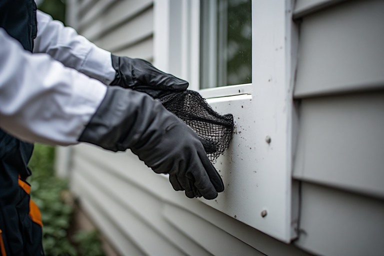A service specialist tucking mesh into a home exterior to keep rodents out