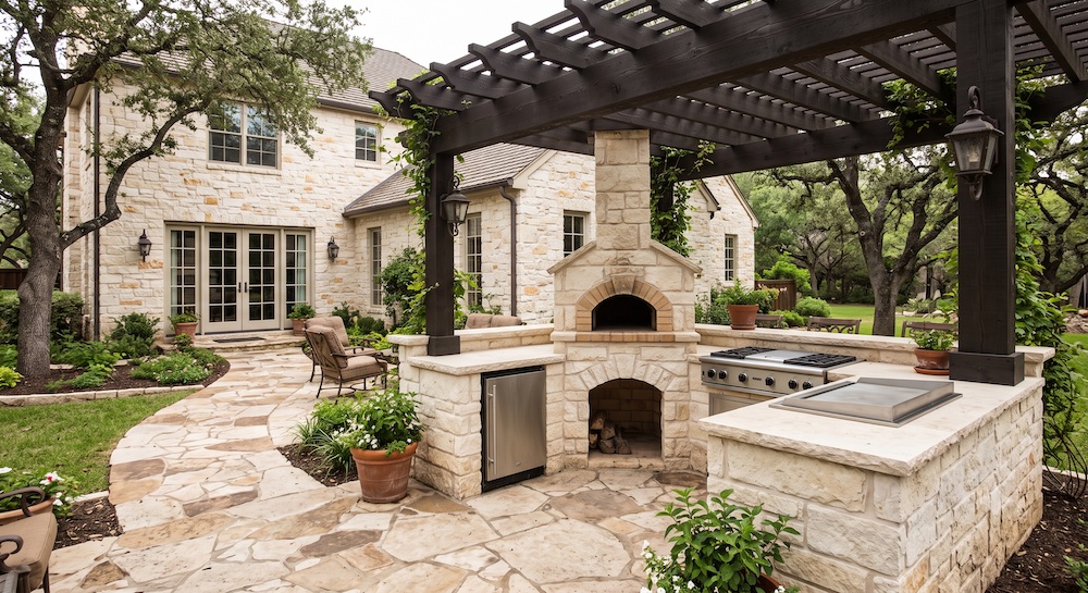 an outdoor kitchen landscape