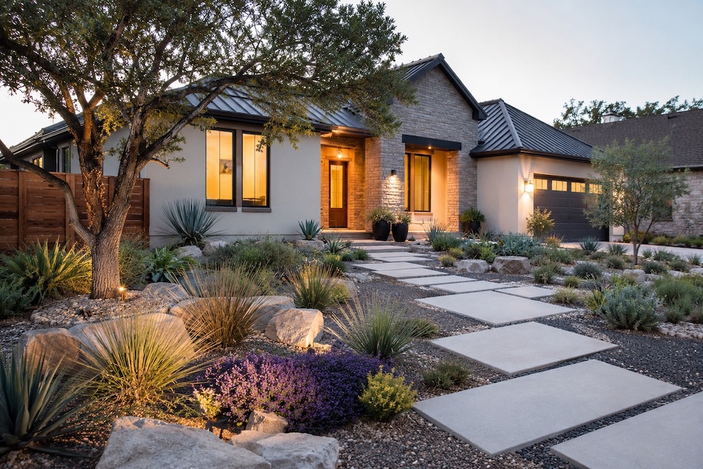 a landscaped front yard and walkway