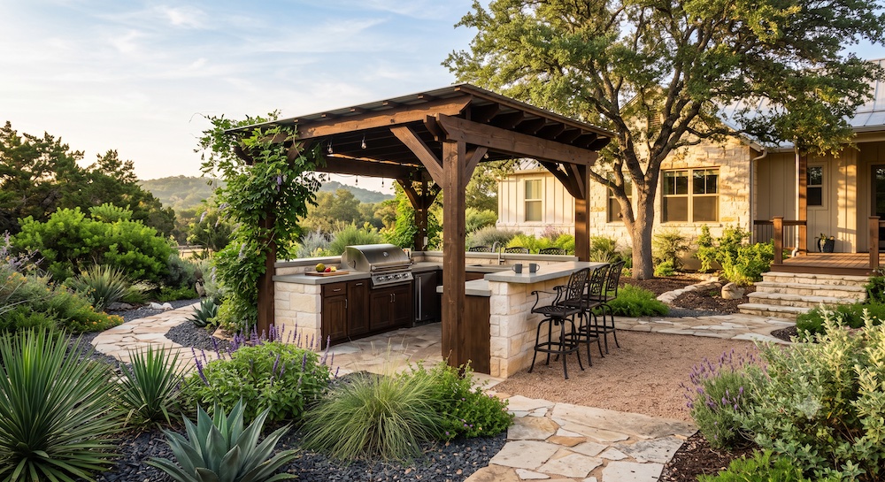 a landscaped back patio and outdoor kitchen