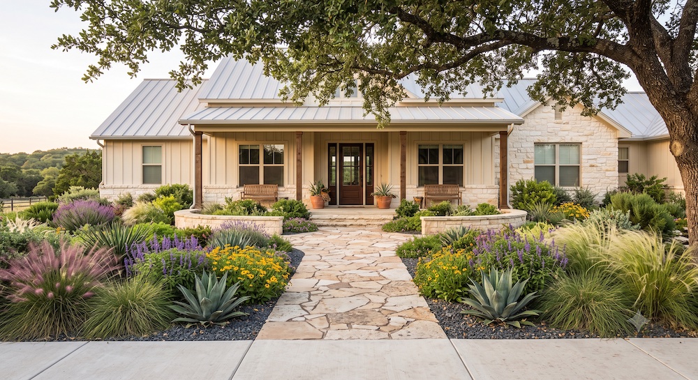 a well landscaped front yard and sidewalk