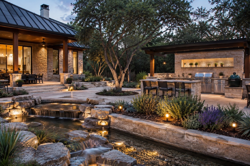a landscaped outdoor water feature and home
