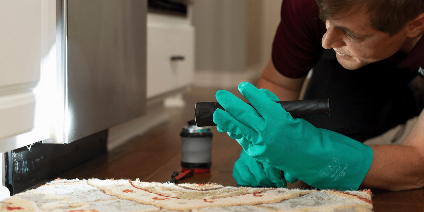 an ABC pest control specialist performing an inspection for a homeowner’s cockroach problem