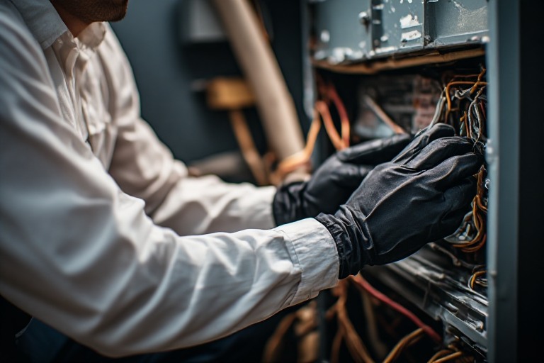 An HVAC specialist working on the inside of a home furnace