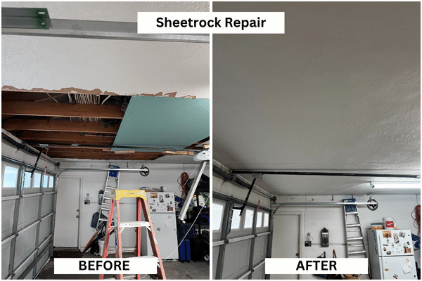 A before and after picture of sheetrock repair in a garage