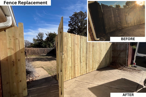 a before and after picture of a fence being repaired.