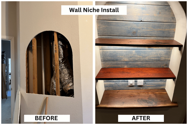 a before and after picture of a wall niche with shelves being installed