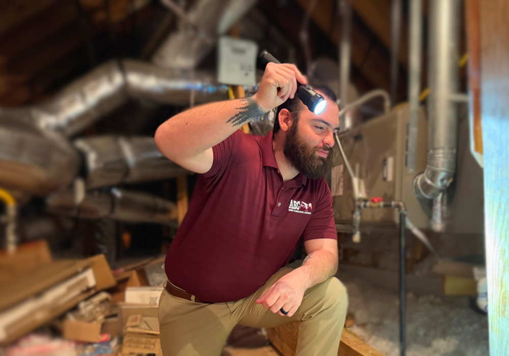 ABC inspector shining flashlight in attic