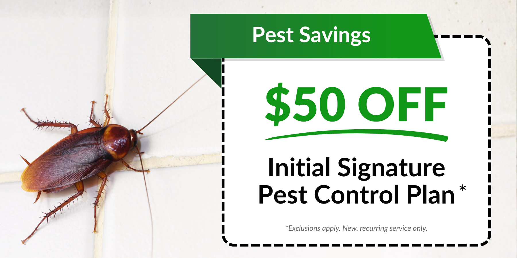 Promotional graphic showing a cockroach on a white tiled surface next to a green offer box reading ‘Pest Savings – $50 OFF Initial Signature Pest Control Plan,’ with small text noting exclusions apply for new, recurring service only.