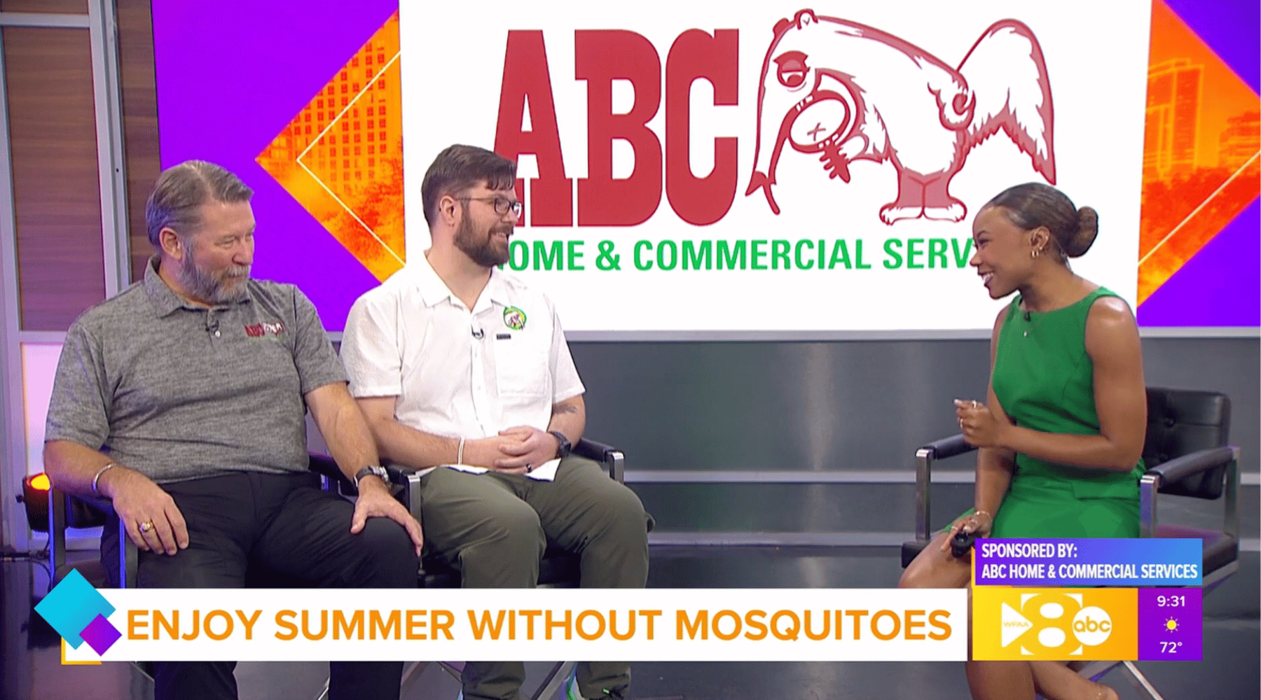 Dennis and Russell Jenkins sit in studio during a Good Morning Texas segment discussing mosquito season, prevention tips, and how homeowners and businesses can reduce mosquito activity during the summer months. ABC Home & Commercial Services branding appears in the background.