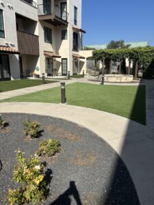 a courtyard with artificial turf