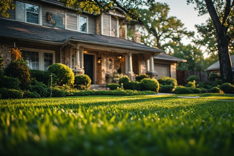 A lush green front lawn